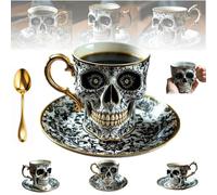 Skull Coffee Mug, Royal Skull Coffee Mug with Saucer Set, Gothic Porcelain Tea Cup, Novelty SkullCoffee Mugs, Funny Ceramic Tea Cup-Diabolical Bonehead Cups Horror Halloween Mugs Decor (A)
