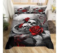 Skull Comforter Cover Double,Red Rose Skull Goth Bedding Set Black White Skull Snake Duvet Cover For Adults Men Women Room Decor,Watercolor Flower Branch Quilt Cover
