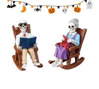 Skull Couple Figurine: Resin Material, Halloween Statue, Spooky Ornament | Sitting Skeleton Sculpture Medium Size With Rocker Design, Halloween Reading Decor Pair