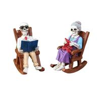 Skull Couple Figurines - Rocking Chair Resin Statues, Skeleton Reading Decor | Gothic Style Ornament for Halloween Shelf Table Books Bedroom Mantel Home Interior Display Spooky Holiday Accent Piece