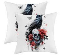 Skull Crow Pillow Covers Set of 2, Black Red Raven Skull Throw Pillow Cases, Halloween Gothic Decor Cushion Covers for Home Sofa Bed Couch 18x18 Inch