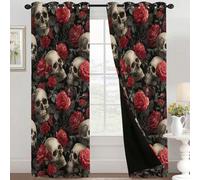 Skull Curtains Blackout for Home Decor, Thermal Curtains Gothic Red Rose Floral Pattern, Living Room & Bedroom Eyelet Drapes 84 Inch Drop, 52x84, 2 Panels E&4556