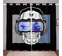 Skull Curtains Skull with Headset Vr Glasses Curtains for Bedroom Living Room for Kids Boys Teens Horrifying Skeleton Pattern Windows Drapes Stripes Room Decoration,Black,W46*L72