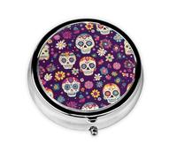 Skull Daisy Flower Small Pill Box 3 Compartment Portable Pill Box for Purse Pocket Sugar Skeleton Mini Medicine Organiser for Daily Vitamin Fish Oil Storage