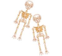 Skull Dangle Earrings Golden Alloy Rhinestone Gothic Halloween Jewelry | Pearl Accents, Skeleton Shape, for Ladies Birthday Occasions, One Pair