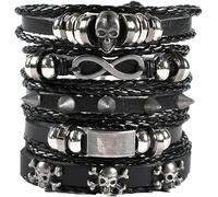 Skull Decorative Leather Bracelet Set Men Women - 2 Pieces Adjustable Bracelets with Skull, Star, Hemp Rope - 18-23 cm - Black Brown - for Party, Concert, Everyday Life & Gift Ideas