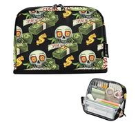 Skull Dollar Bills Funny Black Storage Pencil Bags Pencil Case Zipper Pencils Pouch Teen Girls Pen Pouch Boy Travel College Preppy School Office Supplies