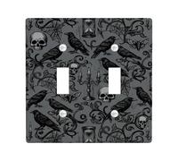Skull Double Light Switch Cover Plate, Gothic Vintage Raven Spiderweb Halloween Black Plastic Standard Size Wall Switch Plates Accents for Home Living Room Bedroom Bathroom Decor