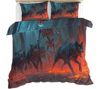 Skull Duvet Cover Set King Size 230 X 220 cm Flame Animal Wolf Bedding Set Fire Dark Forest Pattern Duver Cover with Pillowcases Microfiber