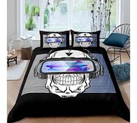 Skull Duvet Cover Set Skull with Headset Vr Glasses Bedding Set for Kids Boys Teens Horrifying Skeleton Pattern Comforter Cover Stripes Quilt Cover Bedroom Collection 3Pcs Double Size,Black