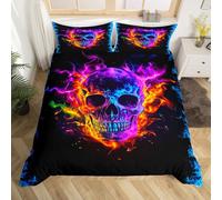 Skull Duvet Cover Single Size,Colorful Fire Skull Comforter Cover with 1 Pillowcase,Cool 3D Flame Skeleton Bedding Set 2pcs for Kids Bedroom Decor,Gothic Style Quilt Cover,Not Comforter