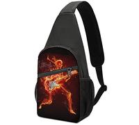 Skull Electric Flaming Guitar Crossbody Backpack Shoulder Bag Lightweight One Strap Sling Bag Travel Hiking Daypack