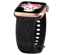 Skull Engraved Design Sport Bands Compatible with Apple Watch iWatch Bands 40mm 38mm 41mm, Flower Pattern Laser Printed Soft Silicone Strap for iWatch Series 10-1 & SE (Skull Black, 44/45/46/49/42MM