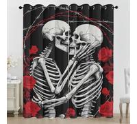Skull Eyelet Curtains, 3D Skeleton Red Rose Flower Print Blackout Curtains, 2 Panels Room Darkening Thermal Insulated Window Drapes for Living Room Bedroom, 66 x 72 Inch X47t