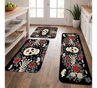Skull Floral Kitchen Mats for Floor, Vintage Gothic Soft Mats, Cushioned Comfort Washable Non Slip Decor Rugs for Kitchen Sinks Laundryroom Bathroom 3Pcs