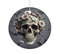 Skull Flower Ceramic Ornaments with Hanger Round Porcelain Ornaments Personalized Xmas Tree Keepsake Crafts Gift for Christmas and Thanksgiving Decoration