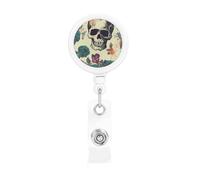 Skull Flower Retractable Badge Reel Heavy Duty Badge Holder with Belt Clip Retractable Lanyards ID Card Holder with Keychain Name Badge Clips for Office Nurse Employee