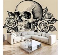 Skull Flowers Mural Wallpaper 3D Effect Painted Vintage Non-Woven Self-Adhesive Wallpaper Removable Large Photo Sticker TV Background Wall Decor for Living Room Bedroom 122x91 cm