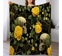 Skull Flowers Print Blanket and Throws, Countryside Roses Petals Throw Blankets Soft Cozy Fleece Plush Warm Green Flannel Bedding Blanket for Girls Kids Adults Couch Travel King Size