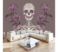 Skull Flowers Wall Mural 3D Effect Painted Vintage Non-Woven Self-Adhesive Wallpaper Living Room Bedroom Home Decor TV Background Large Art Wall Painting 200x140 cm