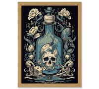 Skull Glass Jar and Flowers Tattoo Ink Body Art Rockabilly Americana 50s Artwork Framed A3 Wall Art Print