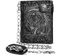 Skull Gothic Chain Wallet Leather - Punk Bifold Halloween Goth Accessories | Unisex, Black, Black, Reaper's Clutch