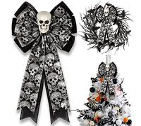 Skull Gothic Decor, Halloween Bow for Wreaths and Tree Topper, Decorative Glitter Silver Black Burlap for Fall Home Front Door Outdoor