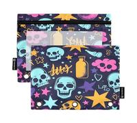 Skull Graffiti Pencil Pouch for 3 Ring Binder, 2 PCS Binder Pencil Pouch with Zipper, Clear Window Zipper Pencil Case Pencil Bags for Office Supplies