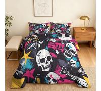 Skull Graffiti Single Duvet Coverless, Reversible Design, Colorful Hip Hop Hippie Comforter & 1 Pillow Case for Bedroom Decor, 10.5 Tog Ultra Soft Microfibre, All Seasons #z407