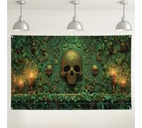 Skull Green Wall Backdrop, Gothic Vintage Decorative Background for Halloween Parties, Spooky Indoor/Outdoor Photo Booth Supplies 71x43 Inch