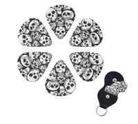 Skull Guitar Picks 6 Pack, 0.96mm Thickness Celluloid Bass Pick with Leather Guitar Pick Holder Keychain Abstract Art Pics Plectrum for Acoustic Electric Guitar, Ukulele, Bass