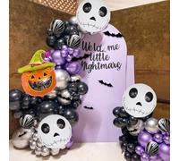 Skull Halloween Balloons Garland Arch Kit, Purple Black Sliver Balloons, Marble Agate Balloon Pumpkin Skull Striped Foil Balloon 3D Bat Stickers for Halloween Birthday Day of the Dead Party Decoration