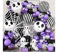 Skull Halloween Birthday Party Decorations Metallic Purple Black Silver Balloon Garland Arch Kit with Stripe Skull Balloons for Ghost Skeleton Trunk or Treat Halloween Birthday Baby Shower Decorations