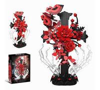 Skull Hand Holding Red Rose Building Blocks Set, 901PCS Cross Flower Building Block Kit, Gothic Dark Style Floral Model Set for Home Office Decor, Creative Ideal for Gift for Holidays