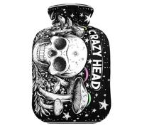 Skull Head Black Evil Gothic hot-Water Bottle with Soft Cover, 1L hot Water Bag for Tummy Warmer, Tummy Warmer
