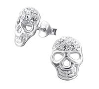Skull Head Earrings - Sterling Silver with Crystal Stones