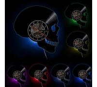 Skull Head Silhouette Wall Clock Skeleton Head Vinyl Record Wall Clock Halloween Horror Death Bone Home Decor Skull Wall Art With LED