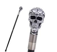 Skull Head Walking Cane, Silver and Black, Floral Embossed Resin Handle, Gothic Halloween Costume Accessory