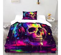 Skull Headphones Bedding Set 3D Digital Printing Gothic Themes Duvet Cover Set Chic Breathable Comforter Cover Universal for All Seasons with Pillow Single（135x200cm）