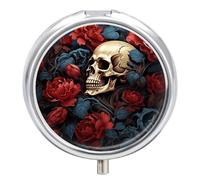 Skull Image Poster Pill Box 3 Compartment Portable Travel Pill Case with Mirror Round Metal Medicines Storage Container Pocket Medicine Box to Hold Vitamins Fish Oil