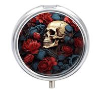 Skull Image Poster Pill Box Medicine Pill Organizer 3 Compartment Daily Pill Case Small Pill Container Round Pill Holder Travel Pill Box Metal Pill Case for Purse Pocket