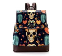 Skull in Mexican Hat and Western Cactus Heart PU Leather Backpack Purse for Adult, Fashion Unisex College Students Satchel Schoolbag