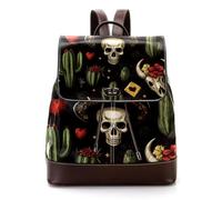 Skull in Mexican Hat and Wild West Cactus Horseshoe Heart PU Leather Backpack Purse for Women, Fashion Ladies Travel Shoulder Bag Rucksack