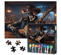 Skull Jigsaw Puzzles for Adults 1000 Pieces, Cowboy Skeleton is Playing the Guitar in the Bar Puzzles 1000 Piece, Difficult Impossible Challenges, 19.5 x 27.5 Inch