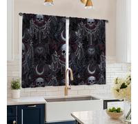 Skull Kitchen Curtains, Gothic Dark Raven Moon Halloween Black Short Curtains for Window for Small Rv Sink Area Narrow Window 26x45 Inch