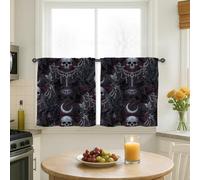 Skull Kitchen Curtains, Gothic Dark Raven Moon Halloween Black Sink Window Curtains for Small Rv Sink Area Narrow Window 26x30 Inch