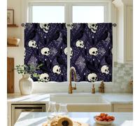 Skull Kitchen Curtains, Halloween Gothic Crow Candle Halloween Violet Curtains for Small Window for Small Rv Sink Area Narrow Window 28x39 Inch