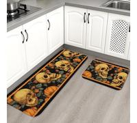Skull Kitchen Mats for Floor, Vintage Floral Decorative Soft Mats, Cushioned Comfort Washable Non Slip Decor Rugs for Kitchen Sinks Laundryroom Bathroom 2PCS