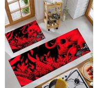 Skull Kitchen Mats Sets, 2 Piece Horror Theme Kitchen Rugs, Waterproof Non-slip Anti-Fatigue Home Runner Washable Standing Floor Mats 40x60cm+40x120cm Bright Red