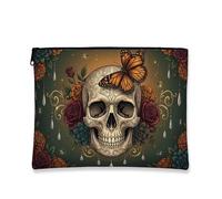 Skull Makeup Bag, Vintage Artistic Cosmetic Pouch for Women, Portable Floral Zipper Organizer, Halloween Travel Toiletry Bag, Dark Green, 7x9 Inch, Skull